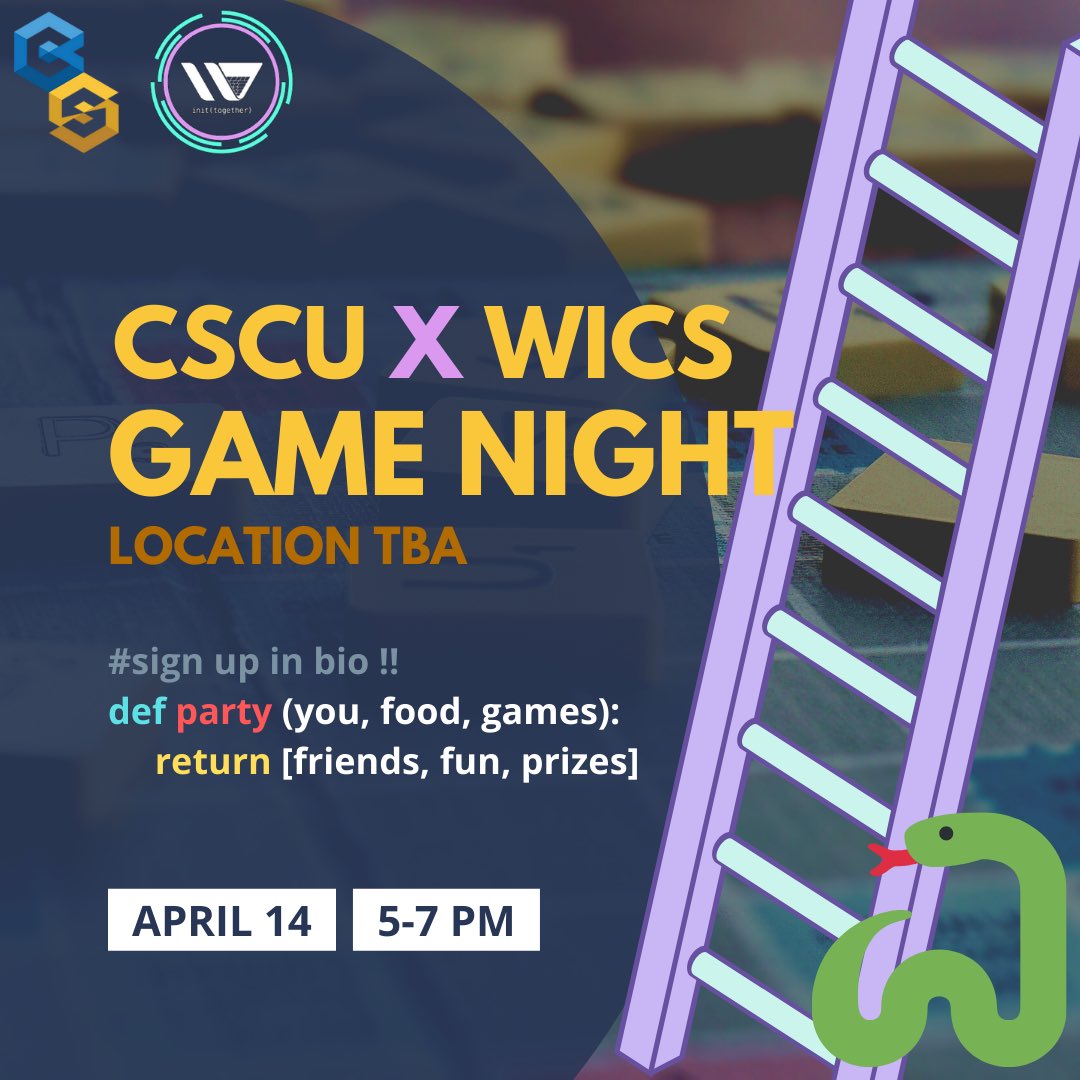 tmu_wics's tweet photo. Join us and WiCS for a GAME NIGHT on April 14th 5-7 PM just before the year ends (Location TBA)!  

🔗 Register here: 
https://t.co/EW3rvn2hZq https://t.co/SWP6lcNUjx