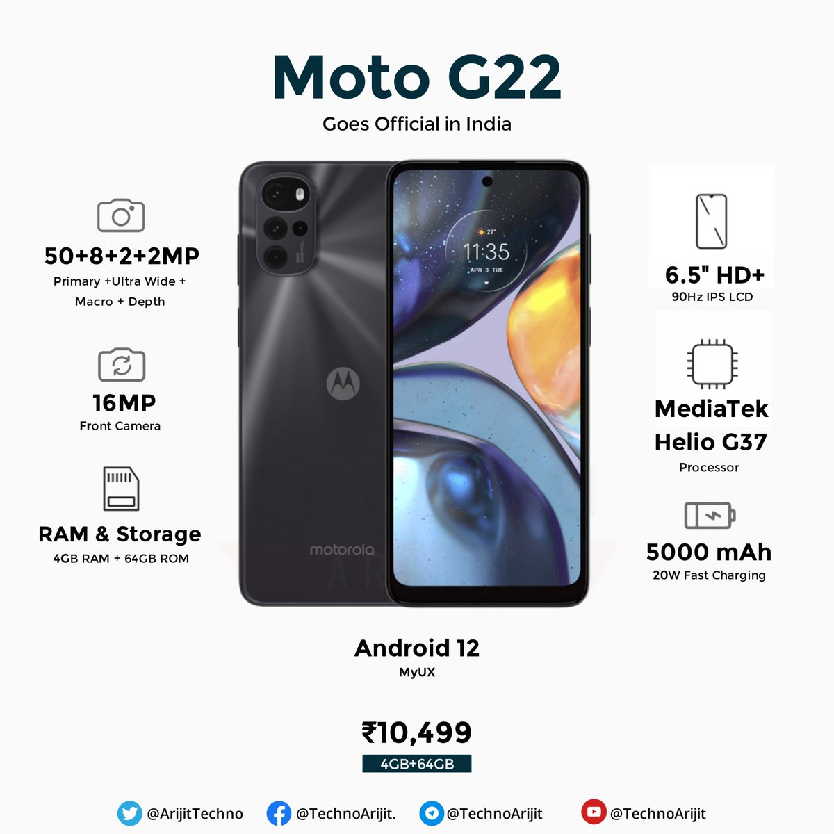 ArijitTechno's tweet photo. Moto G22 has been launched in India.

It will be available from April 13th.

#MotoG22 #MotorolaG22 #MotoGSeries #Motorola #MotorolaIndia #HelioG37 #technoarijit #technews #technologies #tech #techworld #technology #technologynews #instatech https://t.co/E9WN6SsMhf