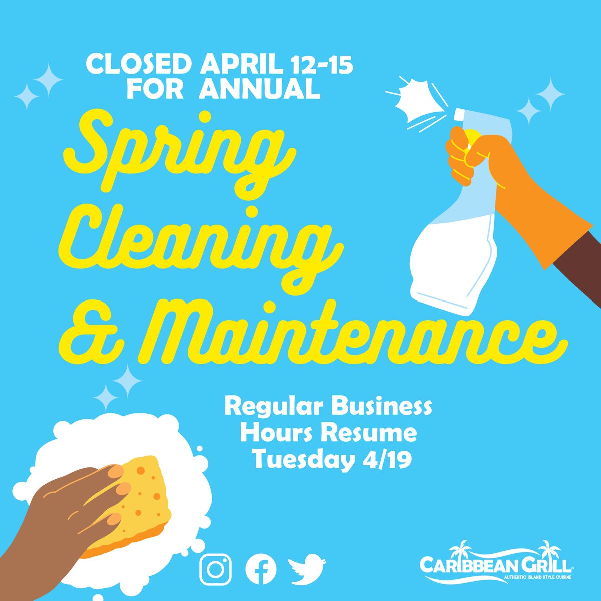 Caribbean_Grill's tweet photo. We'll be closed April 12-15 for annual spring cleaning &amp; maintenance. 🚧 We'll be back to normal business hours 11am-3pm Tuesday 4/19. 🙌🏾 https://t.co/6yy8474KZe