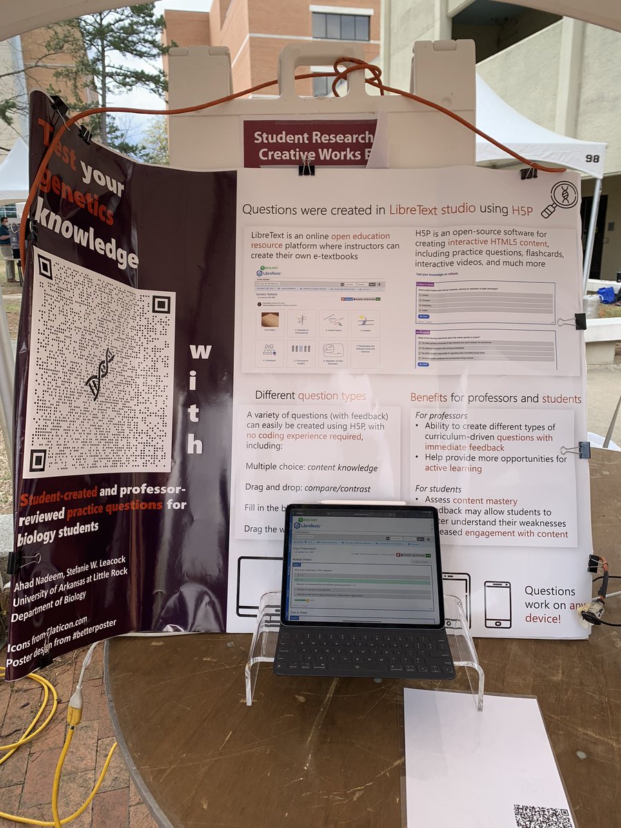 swleacock's tweet photo. @LibreTexts and @H5PTechnology my student is showing his work creating genetics questions at the @UALR Student Research and Creative Works EXPO https://t.co/dZKmPN5QvH