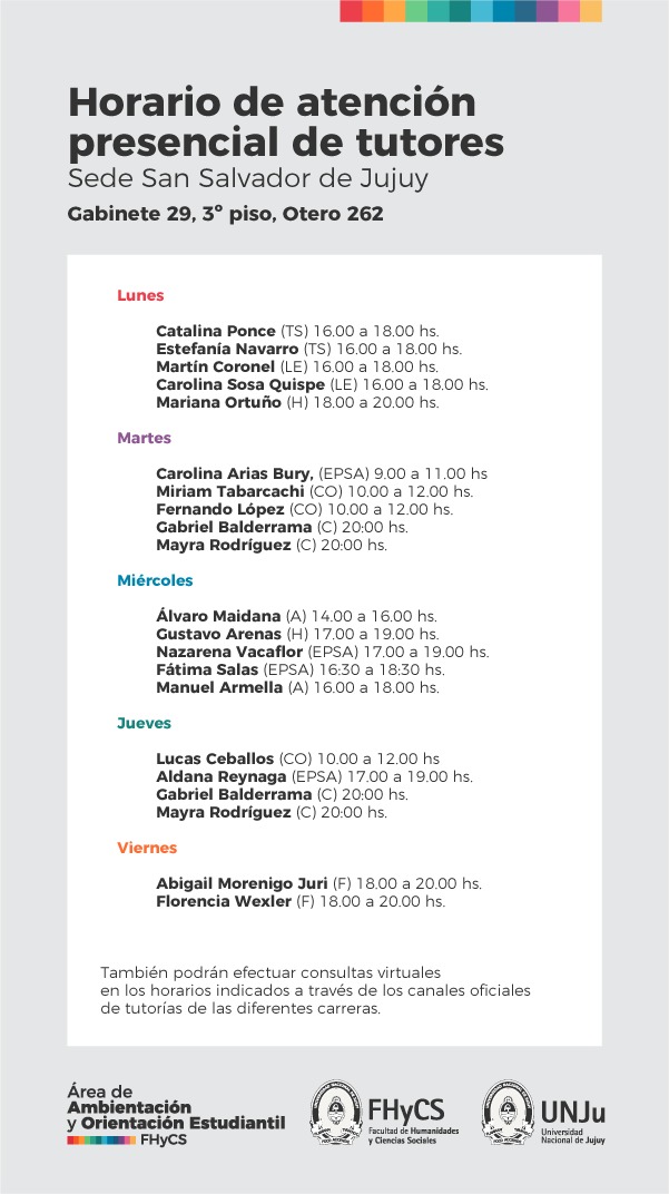 fhycsunju's tweet photo. 🤓 ¿NECESITÁS AYUDA PARA EL CURSADO DEL 1º CUATRIMESTRE? 
Lxs tutores de cada carrera pueden responder tus consultas de manera presencial.
Te dejamos los días y horarios en sede S. S. de Jujuy (gabinete 29-3º piso-Otero 262) y sede San Pedro (calle Mitre esquina Gobernador Tello) https://t.co/bxX7iNP8wn