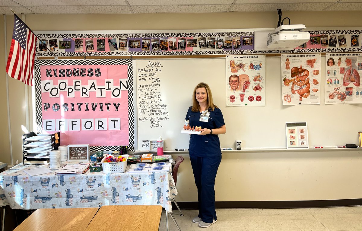 pennstateoto's tweet photo. Career day at Annville Elementary School with guest speaker, Veronica Fies! Veronica, Senior LPN at @PennStHershey, spoke to the 6th-grade class about the field of #ENT nursing. @AnnvilleElem #Otolaryngology #FutureENT🩺 https://t.co/1uwi5IMpe6