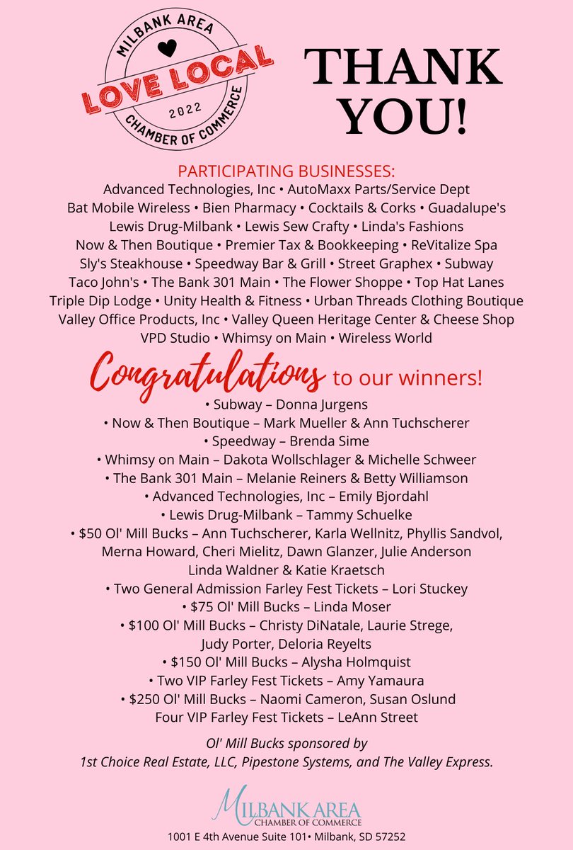 Our Love Local Passport Promotion was a success—Thank you to our participating businesses, and congratulations to our winners!
#shopmilbank #milbanksd #milbankchamber #LoveLocalPassport