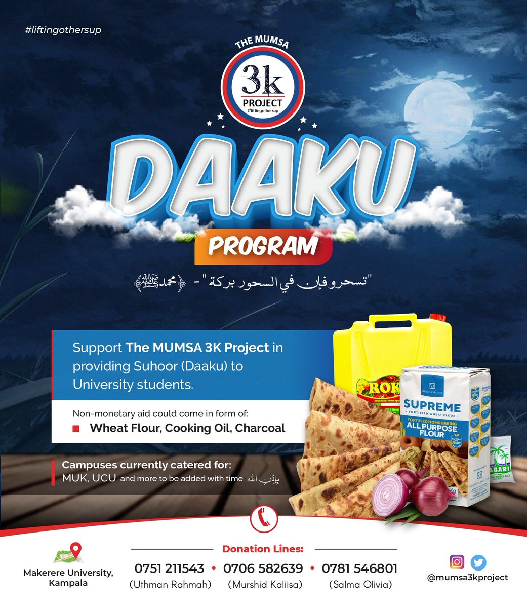 3kMumsa's tweet photo. *THE MUMSA 3K PROJECT DAAKU PROGRAM* 

The Mumsa 3k Project, Daaku Program,So far Makerere University and Uganda Christian University (UCU) are catered for by the https://t.co/qsYcL7Cesg aiming for other institutions. https://t.co/pSx4gK3MlK