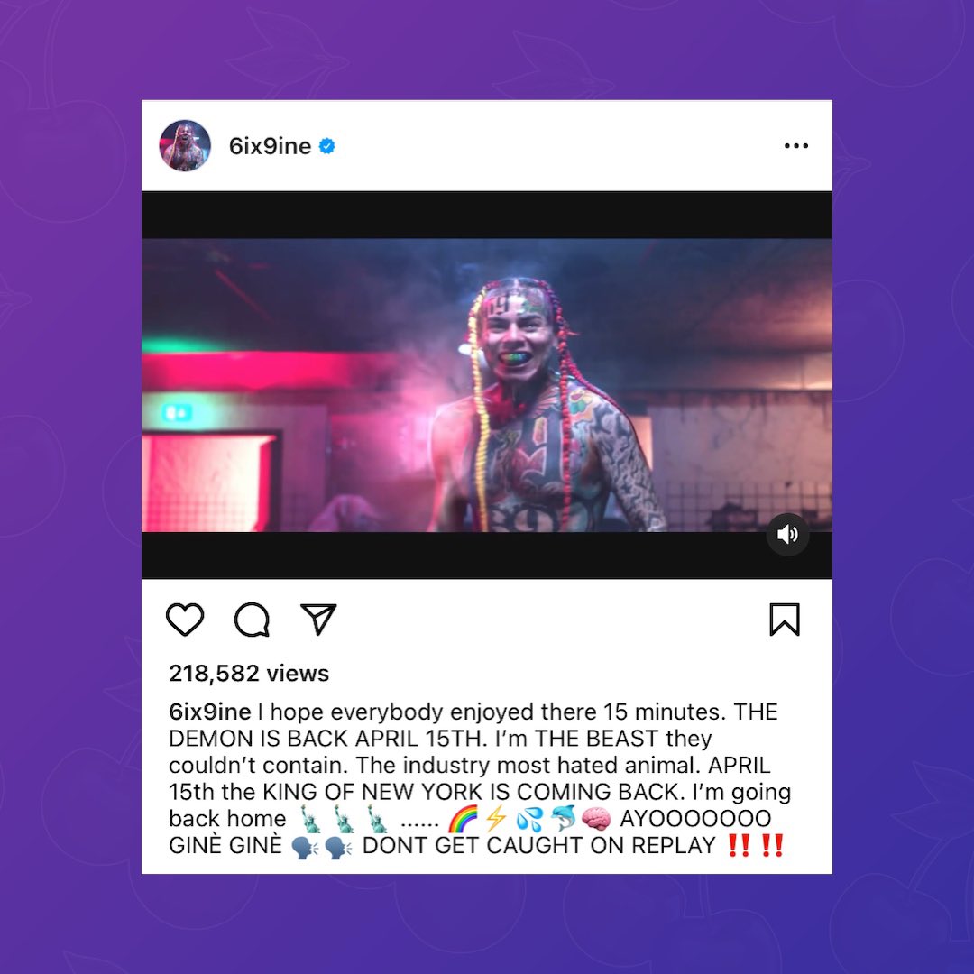 PopBase's tweet photo. 6ix9ine announces his comeback on April 15th. https://t.co/wCMWLJIXn3