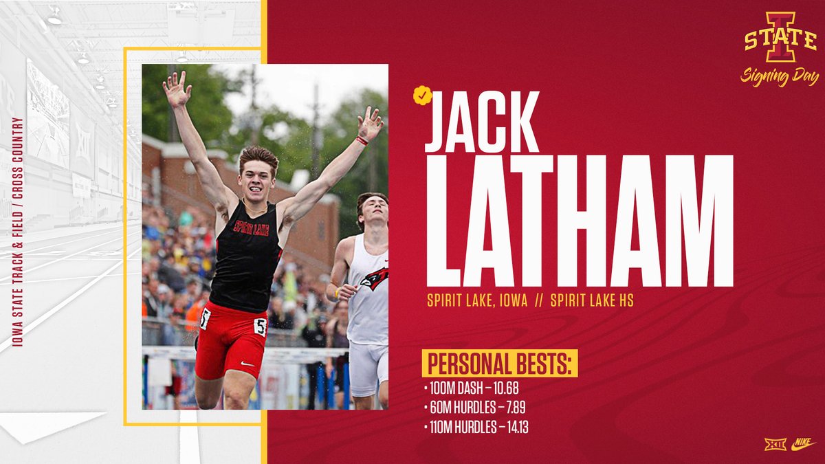 Welcome to Iowa State Jack Latham!

🌪 2021 Class 2A State Champ in 110m Hurdles
🌪 2022 IATC Indoor 1A/2A State Champ in 60m Hurdles
🌪 Current Iowa HS State leader in 100m Dash (10.68) and 110m Hurdles (14.12)

#CycloneSZN #Run4ISU