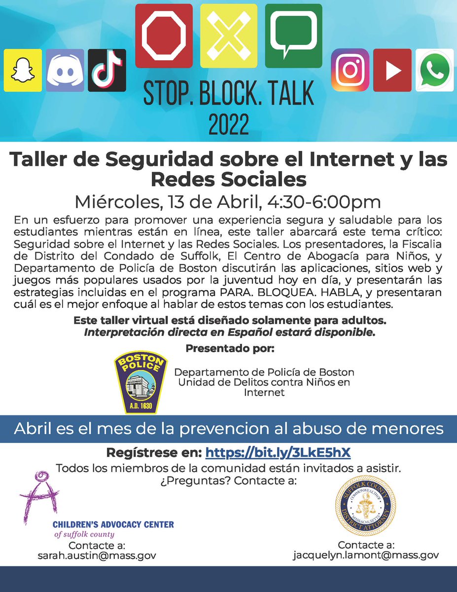 SCDAONews's tweet photo. April is Child Abuse Awareness Month, but we work to protect children &amp; teens year-round. Join SCDAO &amp; @SuffolkCAC on Wednesday, April 13, for a presentation of Stop Block Talk hosted by @bostonpolice to learn how to help keep kids safe online. https://t.co/XRch1MAXba https://t.co/h4T8EqvWmc