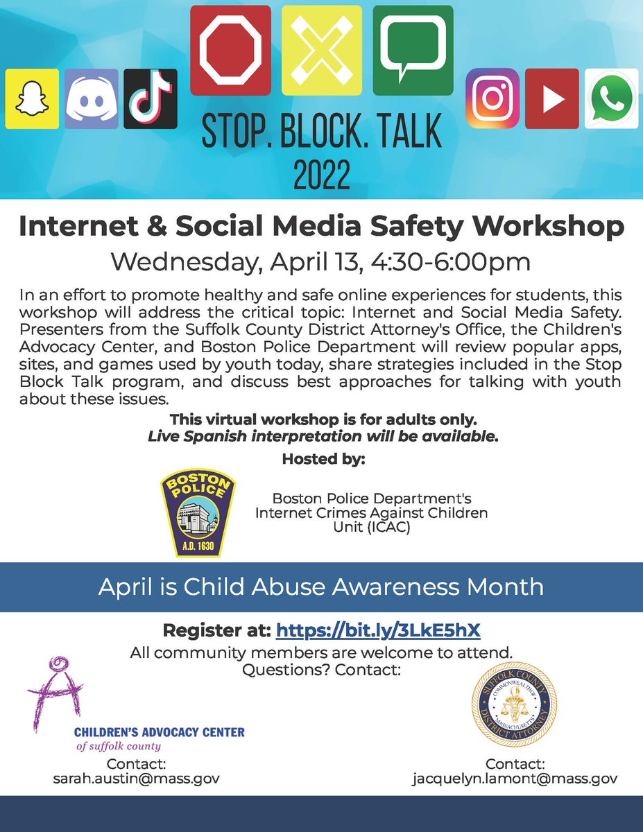 SCDAONews's tweet photo. April is Child Abuse Awareness Month, but we work to protect children &amp; teens year-round. Join SCDAO &amp; @SuffolkCAC on Wednesday, April 13, for a presentation of Stop Block Talk hosted by @bostonpolice to learn how to help keep kids safe online. https://t.co/XRch1MAXba https://t.co/h4T8EqvWmc