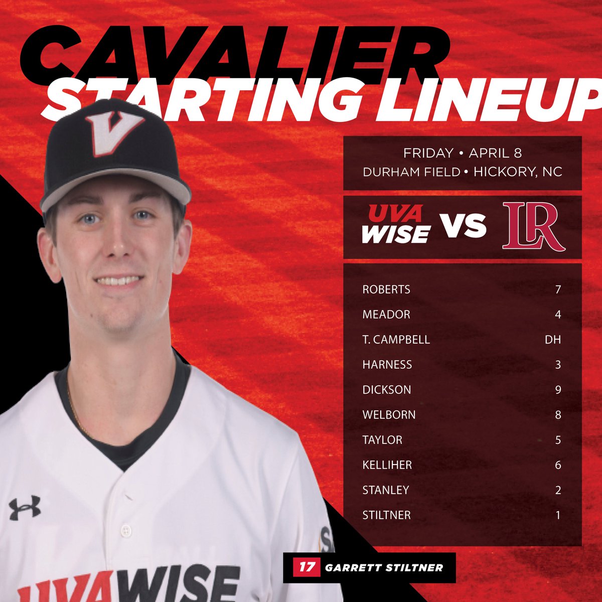 UVAWiseCavs's tweet photo. The @UVAWiseBaseball team opens a three-game set at Lenoir-Rhyne tonight with Garrett Stiltner on the mound!
🆚 Lenoir-Rhyne
⏰ 6 p.m.
📍Hickory, NC
🏟 Durham Field
📺https://t.co/U99ngBj5FM
📊 https://t.co/YXUh1NzIfk
#GoCavsGo l #IgnitedWeStand https://t.co/H3c15DPiAt