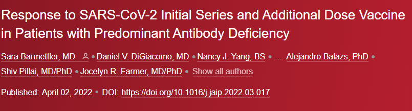 Congratulations to Dr. DiGiacomo on his JACI In Practice article looking at antibody response to the COVID vaccine in our immune deficient patients!