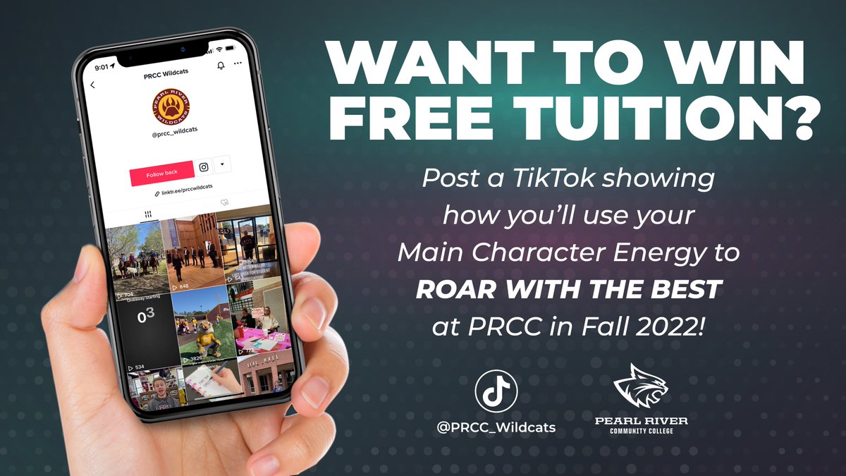 PRCC_Wildcats's tweet photo. 3๏ธโฃ PRCC students can win a Fall 2022 scholarship.
๐๐จ๐ฐ?
TikTok of Main Character Energy using #MainCharacter #MainCharacterEnergy #MainCharacterPRCC & tag
@PRCC_Wildcats
.
๐๐ฎ๐ฌ๐ญ live in Forrest, Hancock, Jefferson Davis, Lamar, Marion, or Pearl River County.
Ends 5/31/22 https://t.co/ACxmAldG1P
