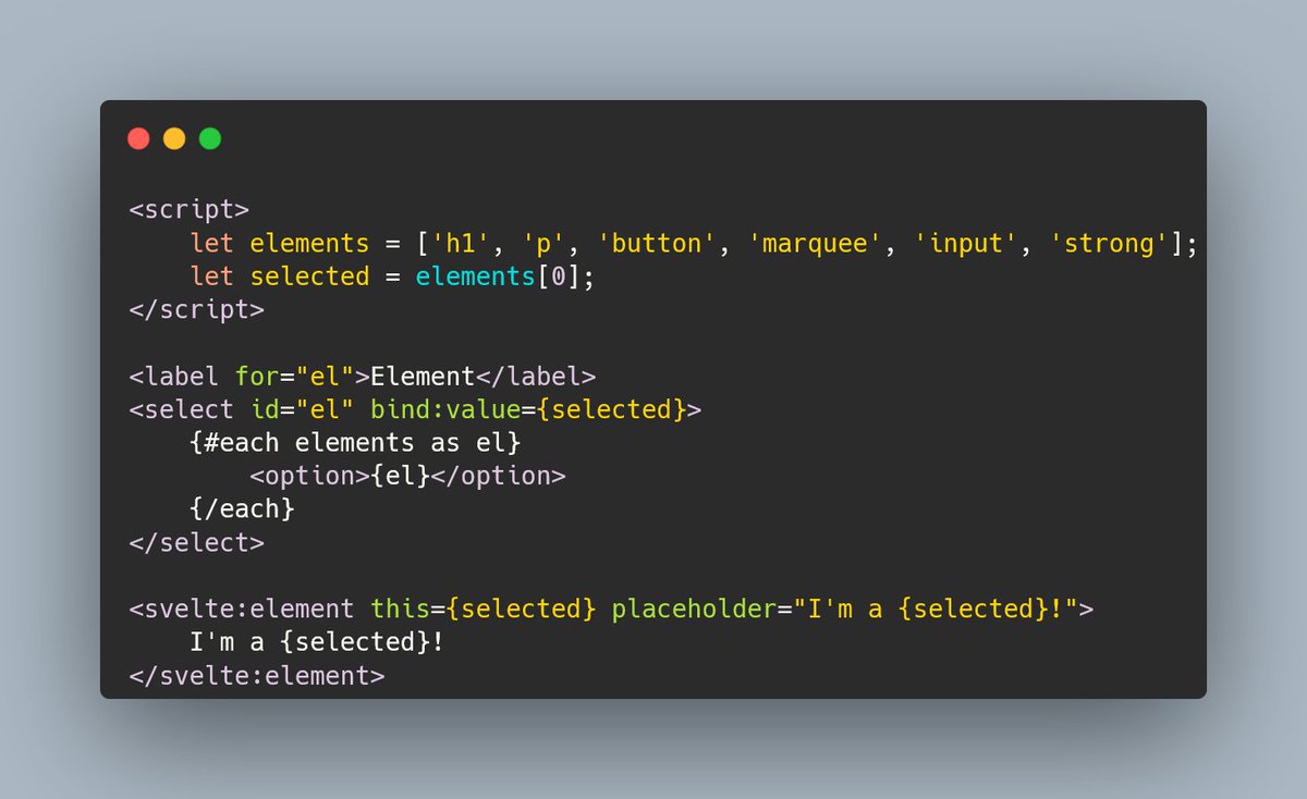 svelte:element is now released in Svelte 3.47! This lets you dynamically change the tag of an element. 

REPL: svelte.dev/repl/a8e2b7378…
Tutorial: svelte.dev/tutorial/svelt…
Docs: svelte.dev/docs#template-…