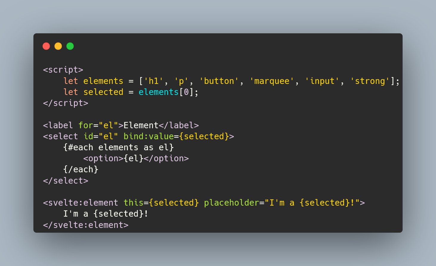 Geoff Rich on Twitter: "svelte:element is now released in Svelte 3.47! This lets you dynamically change the tag of an element. REPL: https://t.co/ylosYZi6dB Tutorial: https://t.co/JEPNLBPcfG Docs: https://t.co/oKVrJ2JaXD https://t.co/1vTEPWAmtH" / Twitter Geoff Rich on Twitter: "svelte:element is now released in Svelte 3.47! This lets you dynamically change the tag of an element. REPL: https://t.co/ylosYZi6dB Tutorial: https://t.co/JEPNLBPcfG Docs: https://t.co/oKVrJ2JaXD https://t.co/1vTEPWAmtH" / Twitter