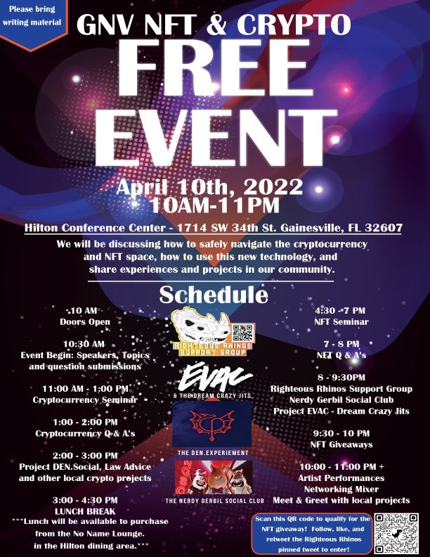 Sunday Funday! If you’re in Gainesville come check out the event we will be throwing all day! Come learn about local Florida and abroad projects with all different goals! #NFT #cryptocurrency #nftart #community #crypto #education #digitaltech