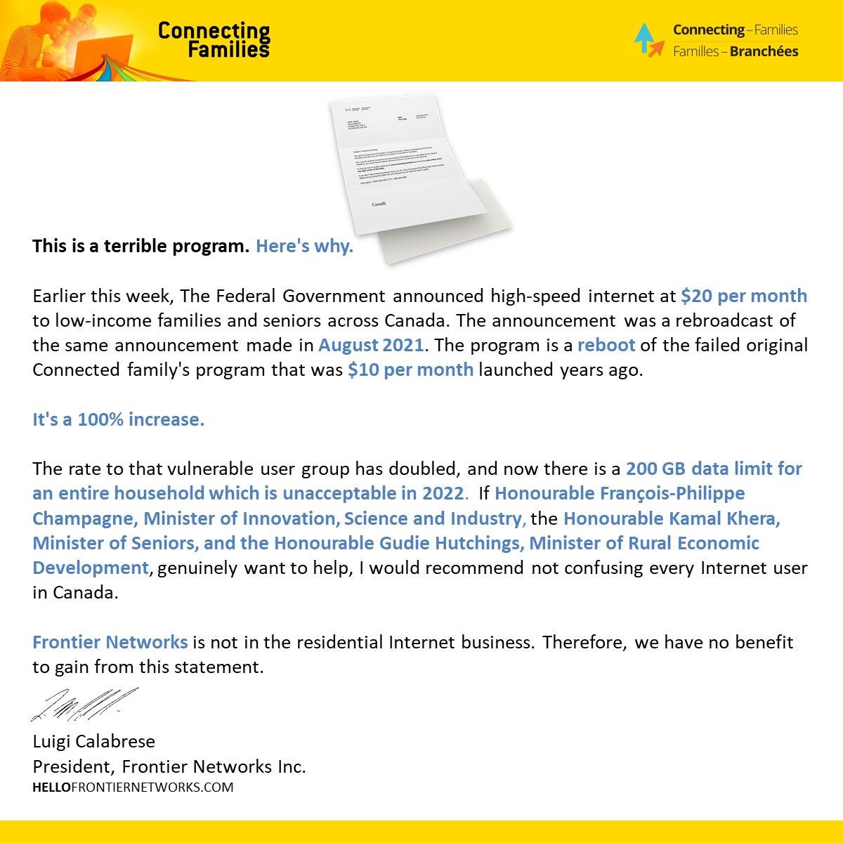 LuigiCalabrese's tweet photo. The Federal Government announced high-speed internet at $20 per month to low-income families and seniors across Canada. The program is a reboot of the failed original Connected family's program that was $10 per month launched years ago.  It's a 100% increase.  #cdnpolitics https://t.co/rKJcXjTiCu