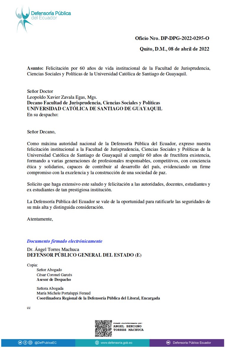 DefPublicaEC's tweet photo. La @DefPublicaEC felicita a la Facultad de Jurisprudencia, Ciencias Sociales y Políticas (@fj_ucsg) de la Universidad Católica de Santiago de Guayaquil (@ucatolicagye) al cumplir 60 años de fructífera vida institucional. https://t.co/O7DJ61lvJ6