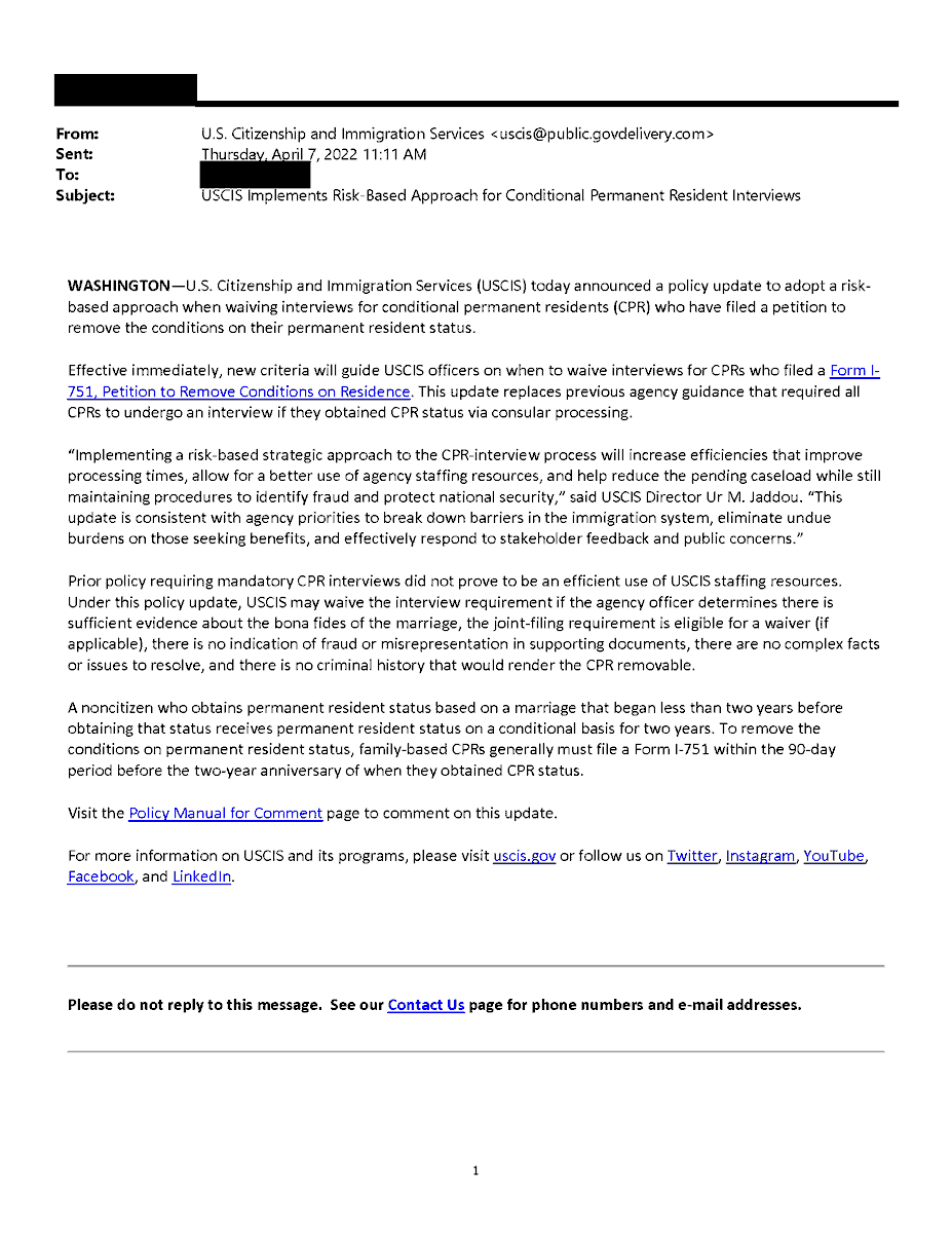 PuyangLaw's tweet photo. USCIS may now waive interviews for certain I-751 that contain sufficient evidence of bona fide marriage. 

https://t.co/cd01Ffp4Cb https://t.co/qPHXEMpvnk