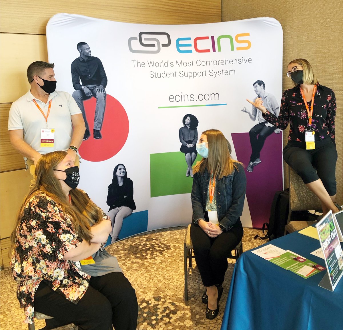 ECINSNews's tweet photo. When your booth has a FAN CLUB... 🎉 The @TheSSWAA team having some fun with our backdrop at the Nat'l School Social Work Conference! Thanks for stopping by, Tony Porter, Christine Floyd, Capella Hauer &amp; Ali Langen!

#ecins #studentsupport #earlyintervention #studentmentalhealth https://t.co/mzXP0RGaed