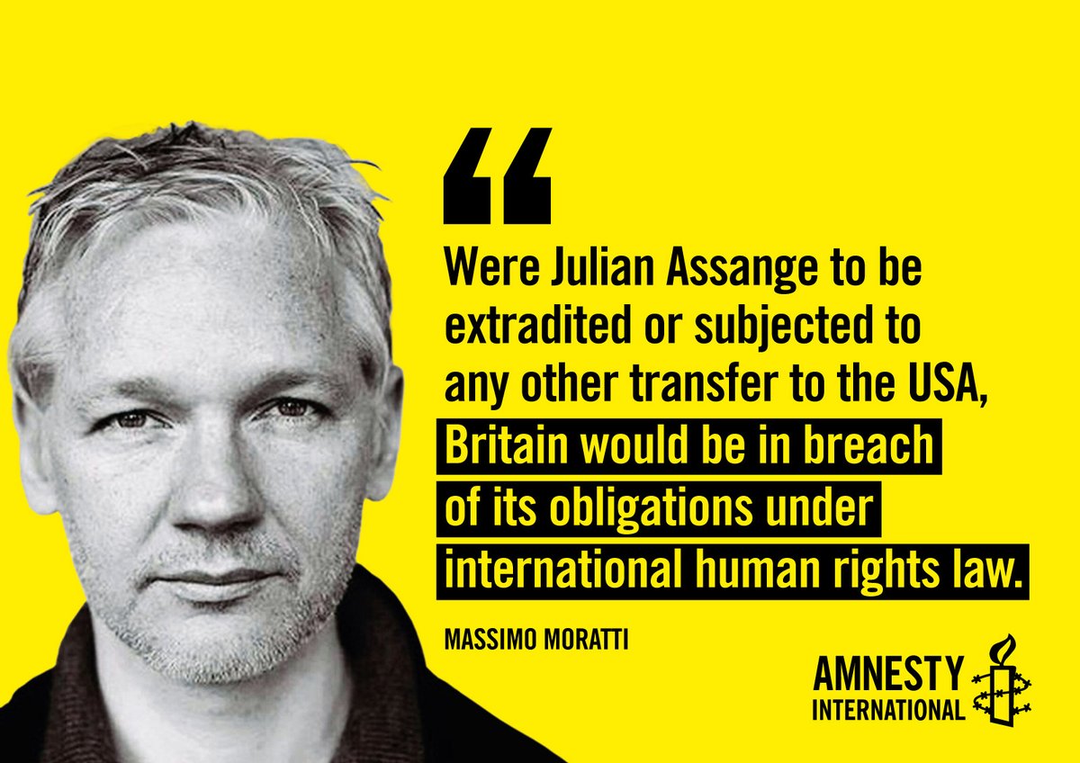 wikileaks's tweet photo. Amnesty International: "Were Julian Assange to be extradited or subjected to any other transfer to the USA, Britain would be in breach of its obligations under international human rights law" @amnesty #FreeAssangeNOW https://t.co/z63N9pf45S