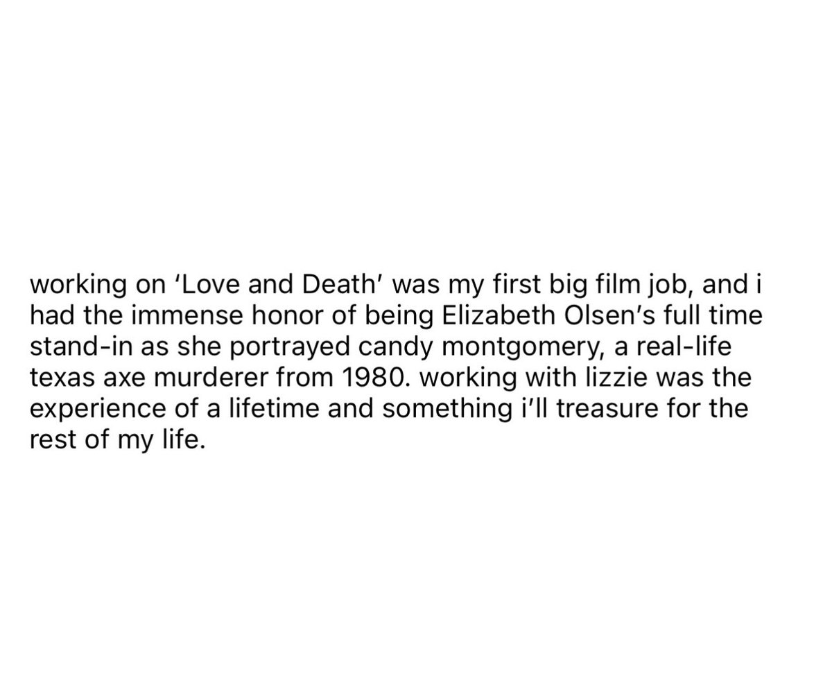 lizziesboy's tweet photo. “Working on Love and Death was my first big film job, and I had the immense honor of being Elizabeth Olsen’s full time stand-in as she portrayed Candy Montgomery. Working with Lizzie was the experience of a lifetime and something I’ll treasure for the rest of my life” https://t.co/yCwNaNiAPH