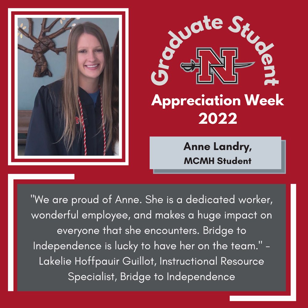 NichollsUGS's tweet photo. Graduate Student Spotlight:

Anne Landry is pursuing a Master of Arts degree in Clinical Mental Health Counseling. She is currently a graduate assistant for @bridge4nicholls.

#NichollsUGS #NichollsGSAW #GSAW https://t.co/l3zCKgYhuM