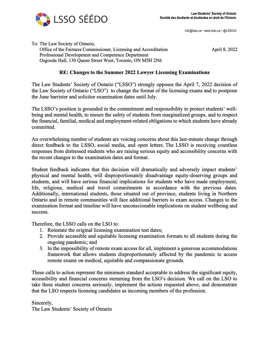 See the LSSO's letter to the LSO regarding the recent changes to the Summer 2022 Lawyer Licensing Examinations

Read it on our website: bit.ly/LSSOletterReBa…

Please continue sharing your concerns about the rescheduling and format changes: bit.ly/BarExamsResche…
#lawtwitter