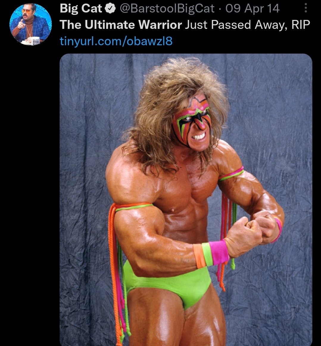 ThisDayInBSS's tweet photo. OTD 4/8/2014 #RipUltimateWarrior
Always a favorite of mine &amp; @barstoolsports personalities.. @rasslin 
Also one of the best Tshirt lines was the Wrestling ones.  @stoolpresidente https://t.co/hEcL7hkiRk