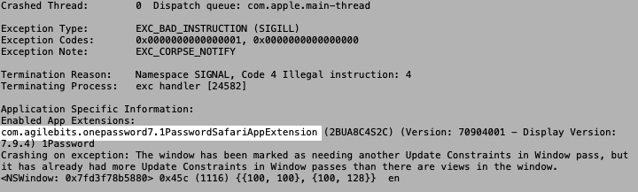 KitRobber's tweet photo. @1Password seems to be crashing Safari every time I open it. Anyone else experiencing this with 1Password 7,  and OSX Monterey 12.3.1?

The crash report specifically mentions 1Password. https://t.co/7usHDa9z7c