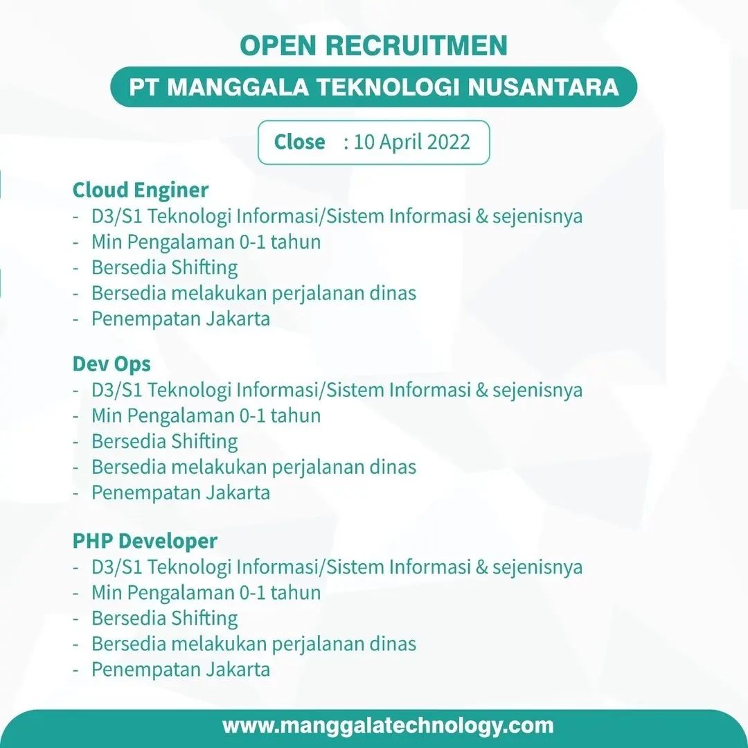 lokerit_01's tweet photo. Open Recrutment ๐งโ๐ป๐งโ๐ป
#programmer #loker #lokerjakarta #programming #manggalateknologi #devops #developerbatam #lokerit #lokerprogrammer #lokerdeveloper https://t.co/LPMev3gSRS