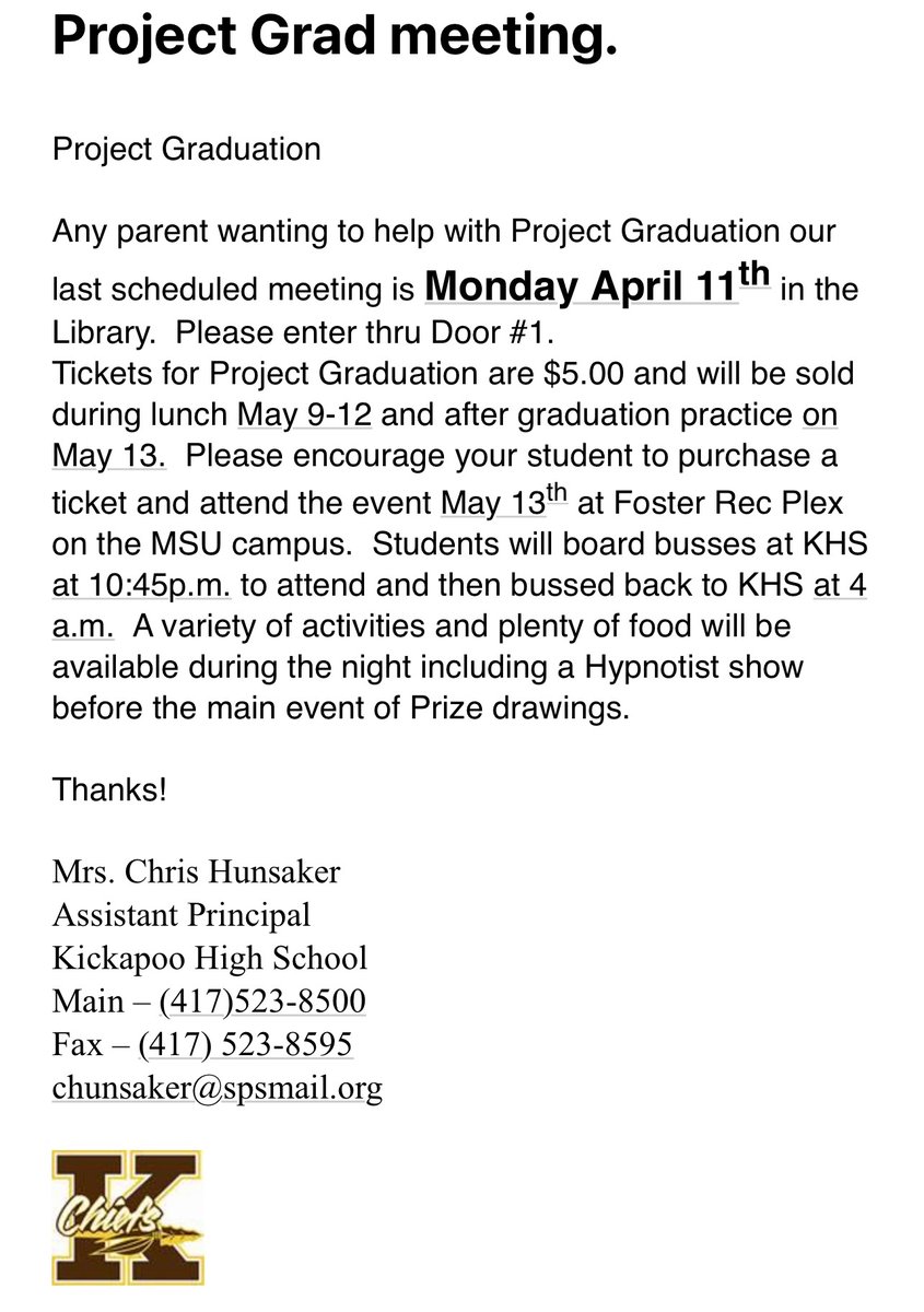 DrPowersKHS's tweet photo. Class of 2022 @KickapooChiefs Parents - the last scheduled Project Grad 👩‍🎓 👨🏽‍🎓 🧑🏾‍🎓 meeting is MONDAY, APRIL 11 at 6:15 pm in the library! 
See attached for more information. https://t.co/Qyum6a5SnB