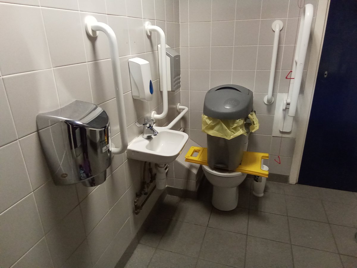 Solarune's tweet photo. State of the accessible toilet at Leicester station at half eight this evening, plus the flush wasn't working. What's going on @EastMidRailway ? What's the alternative while disabled folks are denied dignity, comfort and safety? Is it fixed now? If not, when will you fix it by? https://t.co/Mtr8od1cw3