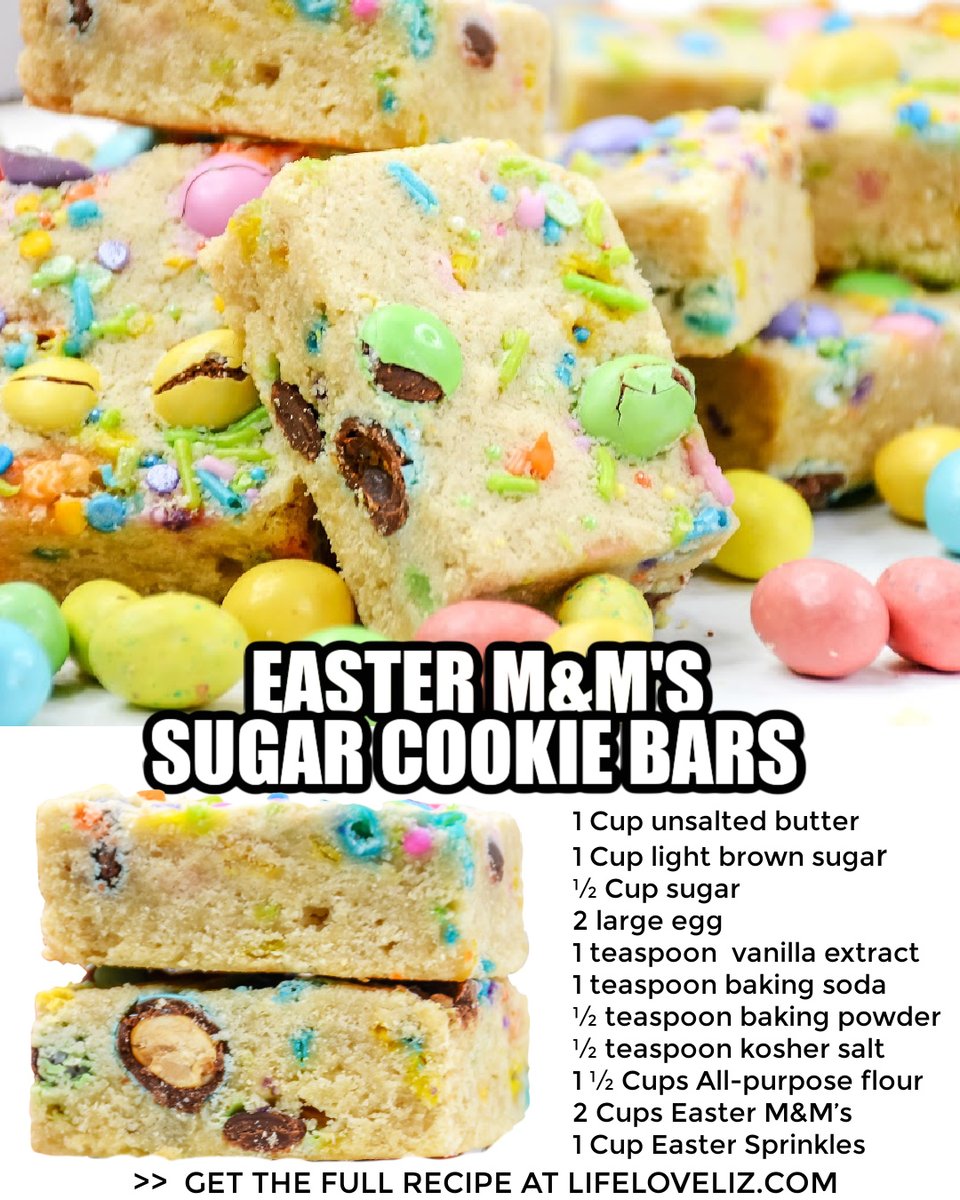 LifeLuvLiz's tweet photo. Make this delicious Easter M&amp;M Cookie Bars recipe for a fun and easy spring dessert loaded with Easter m&amp;ms and pastel sprinkles!

Get the FULL recipe >> https://t.co/WNmGUfmfYY https://t.co/bIKPzpZBsb