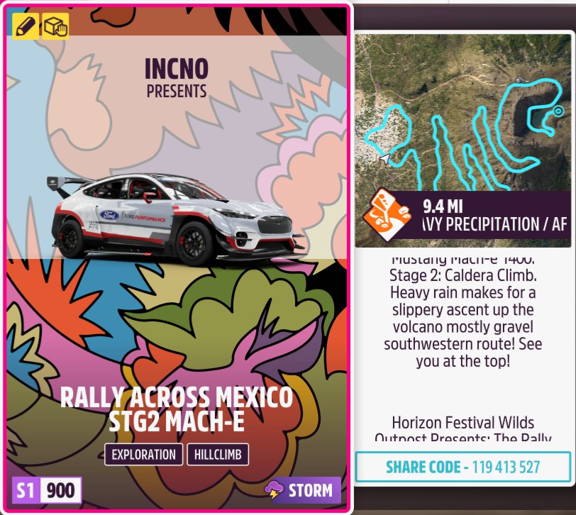 SEC3OPINCNO's tweet photo. The Rally Across Mexico event continues with stage 2: Caldera Climb! Heavy rain makes for a slippery ascent up the volcano on this mostly gravel single track route.
Code: 119 413 527
Rally tune (wet):161 554 400
#HorizonMoment
#ForzaHorizon5
#HorizonWilds
#HorizonBlueprint https://t.co/bCJ19u4Hml