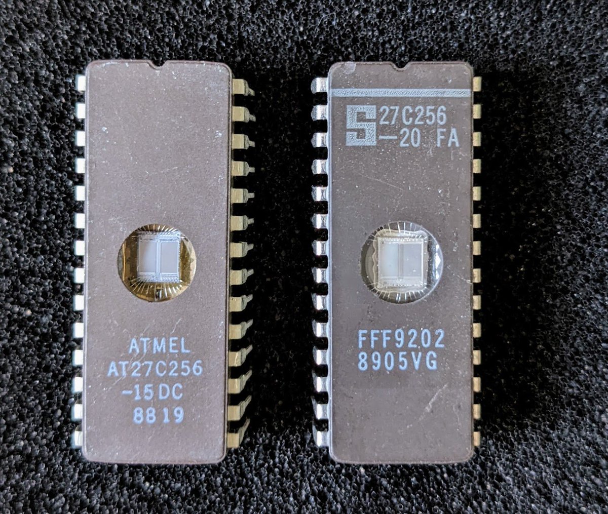 danak6jq's tweet photo. A couple of the 27C256s I stocked-up on at All Electronics back in the early-mid '90s, these were fairly new NOS then. Now, the date-codes are kind of gob-smacking me. #RIPAtmel #RIPSignetics #IDontFeelOld #IMightBeOld #Electronics https://t.co/wYpBtSNgJy