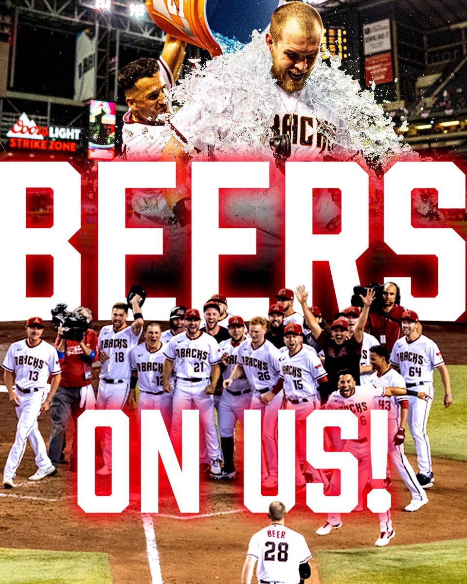 Dbacks's tweet photo. Beers on us tonight!

In celebration of last night's National Beer Day walkoff, we're giving away a @CoorsLight to the first 10,000 21+ year-old fans at tonight's game.

Cheers! 🍻 https://t.co/T43y2pXkwJ