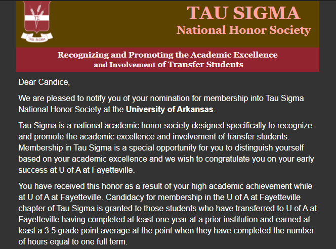 Nurse_CandiH's tweet photo. It has really been tough working full time and going back to school, but I have worked hard and it's definitely paid off! I received this email yesterday reminding me how much my hard work is worth. I'm now a proud member of Tau Sigma National Honor Society at U of Ark! https://t.co/kKTP9Wrh0T