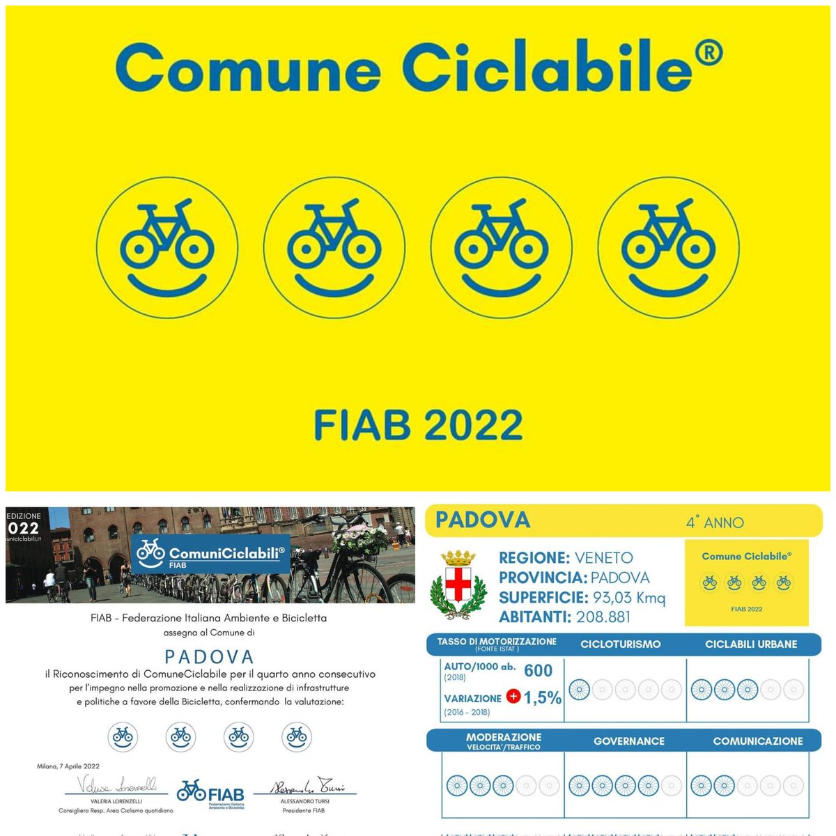 Anche nel 2022 Padova si riconferma comune ciclabile con quattro bike - smile. 
#comuniciclabili
#comunedipadova
#fiabpadova
#fiabitalia
