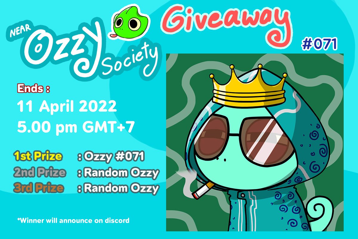 changmonsters's tweet photo. 🦎Near Ozzy Society🦎
🔥Giveaway #071🔥
1⃣ Follow @changmonsters + Like + RT
2⃣ Tag 3 friend
3⃣ Join Discord https://t.co/x5Nf5wqN9n 
&amp; press 🎉

#NFT #NEARnft #NEARnft #NFTartists #NEARcollector #Parasnft #Paras #NFTs #NFTCommunity #NFTcollections #PARASnft https://t.co/8RfraNicBp