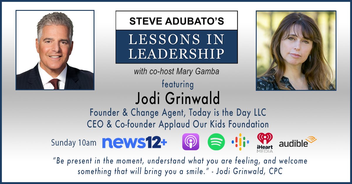 JodiGrinwald's tweet photo. Sunday, April 10 at 10:00 a.m. listen into my interview @SteveAdubato and Mary Gamba on News12+online or stream. #lessonsinleadership #leadership #changemakers #podcast #notforprofit #forimpact https://t.co/EJDFmUWa1S