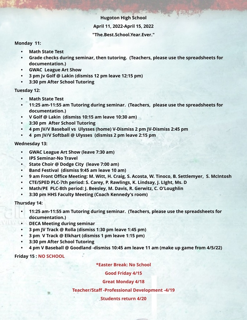 HHS Activities Calendar for 4/11-4/15/2022