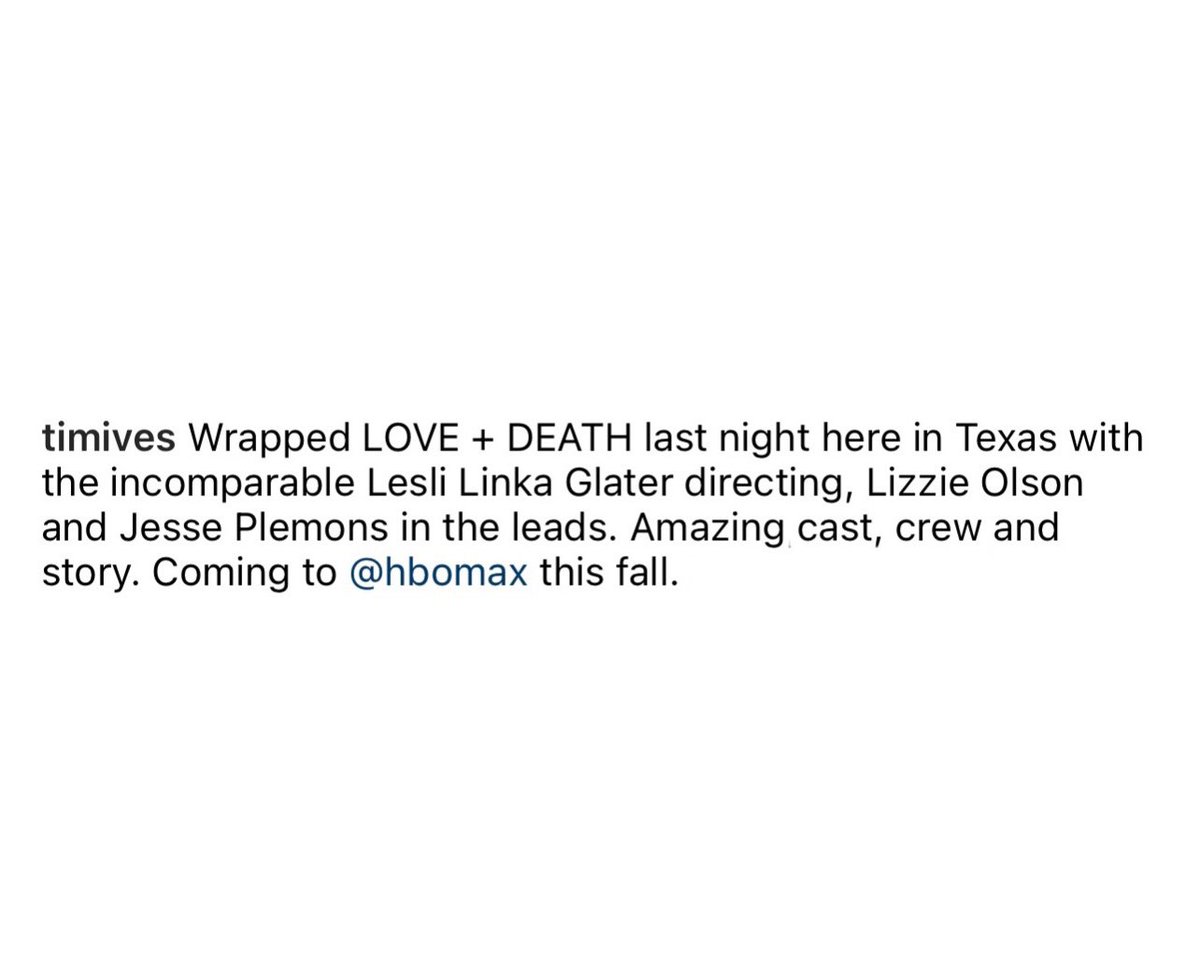 lizziesboy's tweet photo. The director of photography, Tim Ives, writes in a post that Love and Death is expected to come to HBO Max “this fall” 👀

No official release date has been confirmed yet but so far there are 4 sources saying October and 1 source saying possibly summer. We shall wait and see https://t.co/4GpKupaAhm