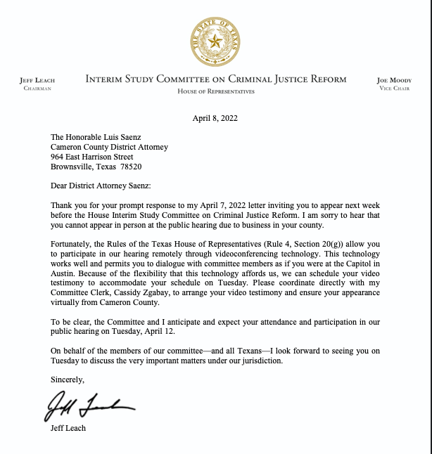 BlakeFox4News's tweet photo. NEW: Cameron Co. DA Saenz declines invite from CJR Committee citing "short notice" and "several pressing issues".

Chair @leachfortexas replies they'll arrange virtual appearance and "expects" Saenz to attend.

Leach says Saenz can stop #MelissaLucio execution single-handedly. https://t.co/Rl3iKOu1bm