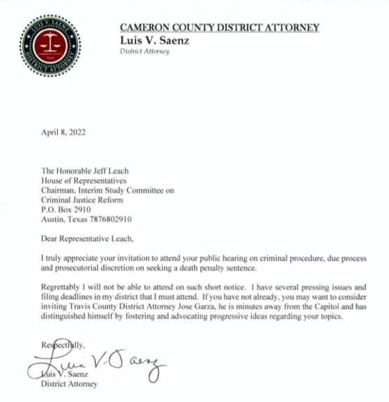 BlakeFox4News's tweet photo. NEW: Cameron Co. DA Saenz declines invite from CJR Committee citing "short notice" and "several pressing issues".

Chair @leachfortexas replies they'll arrange virtual appearance and "expects" Saenz to attend.

Leach says Saenz can stop #MelissaLucio execution single-handedly. https://t.co/Rl3iKOu1bm
