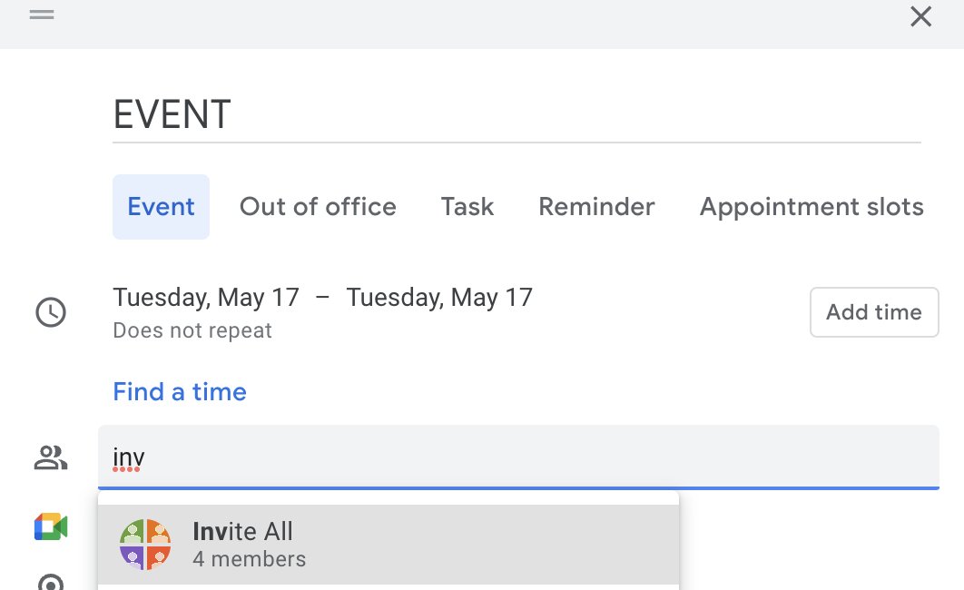 justalittleguy3's tweet image. A workaround:
Step 1: Find the Calendar ID under settings
Step 2: Create contacts/contact groups in Google Contacts
Step 3: When creating calendar event, invite your named group
Step 4: Watch as event is added to every calendar at once!
Set it up once, works the rest of the year!