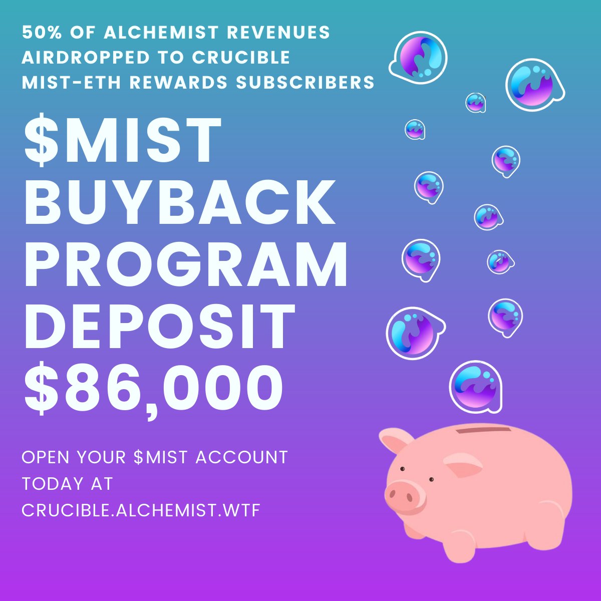 _alchemistcoin's tweet photo. We’ve recently undertaken another $MIST buyback, totalling 5,875 $MIST with an approx USD value of $86,000 and airdropped the $MIST rewards to MIST-ETH liquidity providers via The Crucible. https://t.co/7ZEoSGXyNs