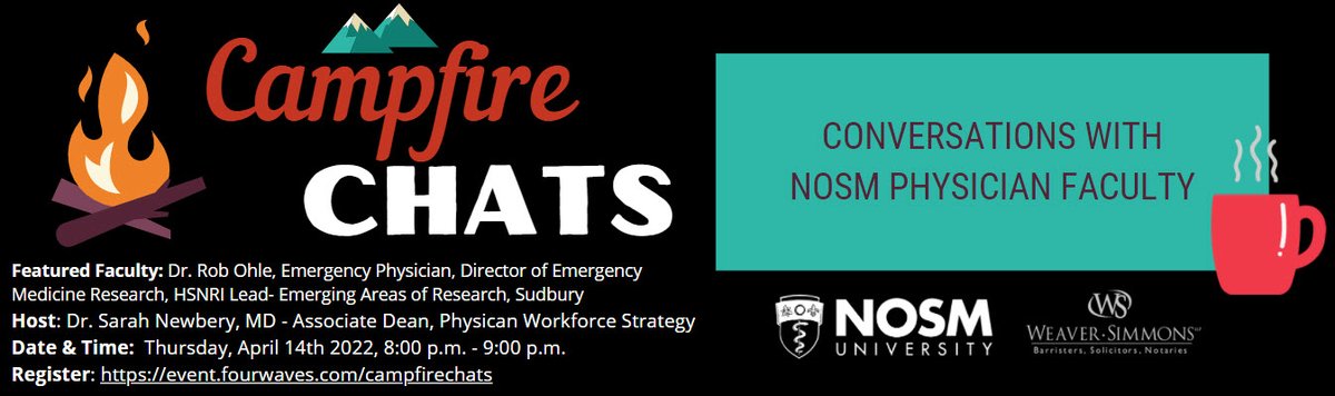 Dr. Sarah Newbery 💙💛 (@snewbery1) on Twitter photo Well it's been a heck of week, but I've got things to look forward to! Not the least of which is a virtual "campfire chat" w/ <a href="/robertohle/">Rob Ohle</a>, <a href="/HSN_Sudbury/">Health Sciences North / Horizon Santé-Nord</a> ER doc extraordinaire.
Are you an <a href="/thenosm/">NOSM University | Université EMNO</a> student? Please join us!
event.fourwaves.com/campfirechats
Thurs the 14th at 8pm. Well it's been a heck of week, but I've got things to look forward to! Not the least of which is a virtual "campfire chat" w/ <a href="/robertohle/">Rob Ohle</a>, <a href="/HSN_Sudbury/">Health Sciences North / Horizon Santé-Nord</a> ER doc extraordinaire.
Are you an <a href="/thenosm/">NOSM University | Université EMNO</a> student? Please join us!
event.fourwaves.com/campfirechats
Thurs the 14th at 8pm.