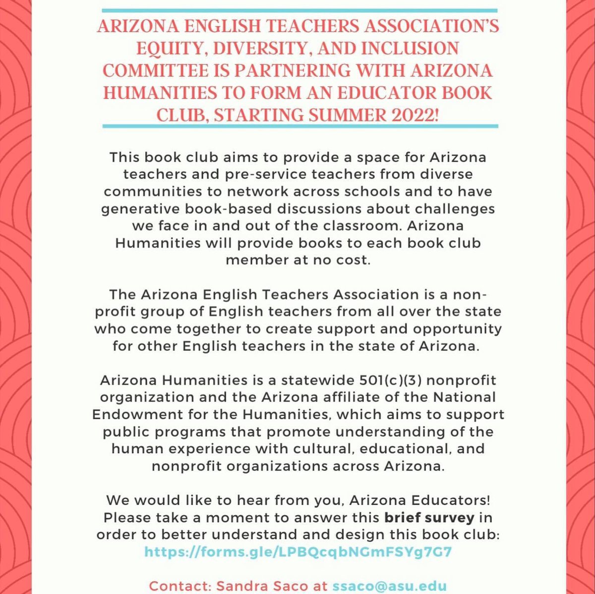 The Arizona English Teachers Association’s Equity, Diversity, and Inclusion committee is partnering with <a href="/azhumanities/">Arizona Humanities</a> and we would like to invite you to join our new Educator Book Club, starting Summer 2022!
 
Why you should join?
The books are free! PD hours!

See you there!