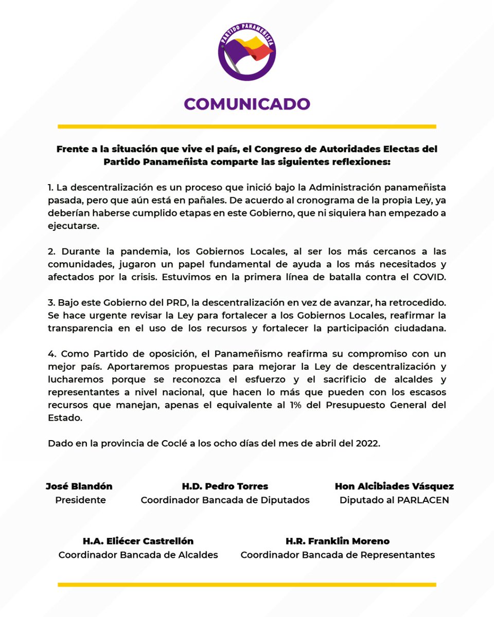 José Isabel Blandón (@blandonjose) on Twitter photo La descentralización es un proceso necesario, que bien llevado, es beneficioso para el país. Lamentablemente, en lo que va de este Gobierno, más que avanzar, hemos retrocedido. Es fundamental reformar la legislación y enderezar el camino. Ver comunicado del <a href="/panamenistas/">Panameñistas</a> La descentralización es un proceso necesario, que bien llevado, es beneficioso para el país. Lamentablemente, en lo que va de este Gobierno, más que avanzar, hemos retrocedido. Es fundamental reformar la legislación y enderezar el camino. Ver comunicado del <a href="/panamenistas/">Panameñistas</a>