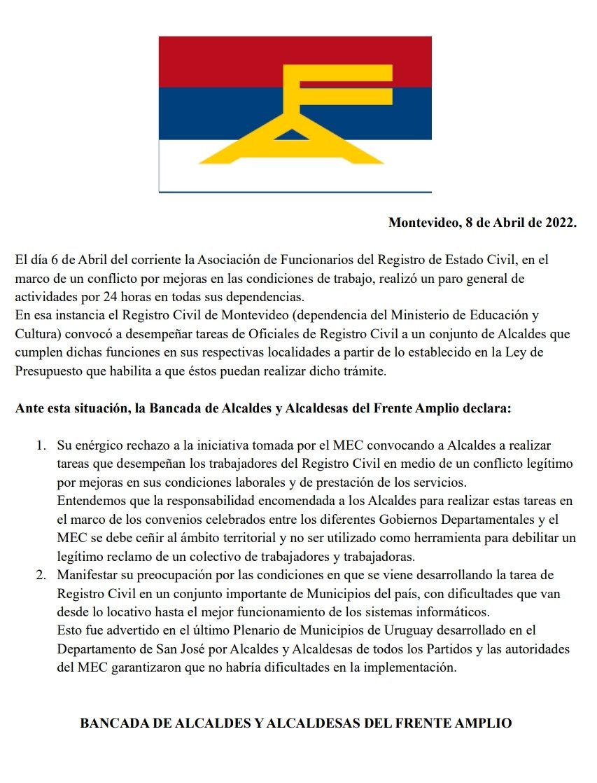 FaMunicipios's tweet photo. Declaración de Bancada de Alcaldes y Alcaldesas del Frente Amplio ante lo sucedido el miércoles 6 de abril en el Registro Civil. https://t.co/z28iVP5ixt