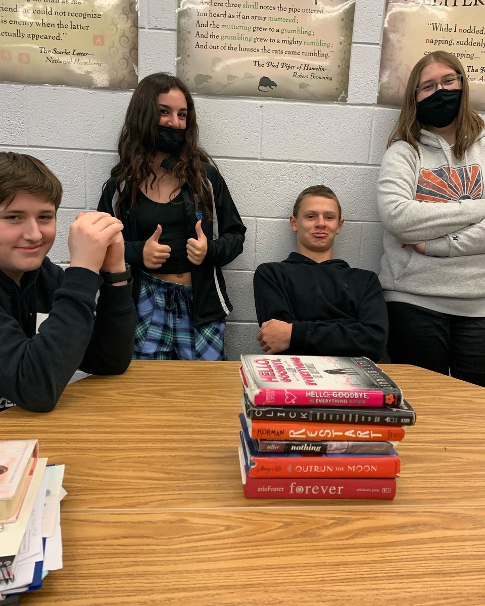 RussoReads's tweet photo. It’s National Poetry Month! We had some Friday fun playing with words and creating book spine poetry!📚 https://t.co/3Y4bRKxFWv